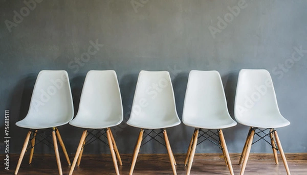 Obraz Row of five white chairs on gray wall background in office or living room, nobody