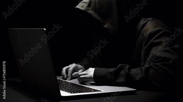 Fototapeta An obscured figure in a hoodie types on a laptop in the dark - cybercrime and online security threats - Generative AI