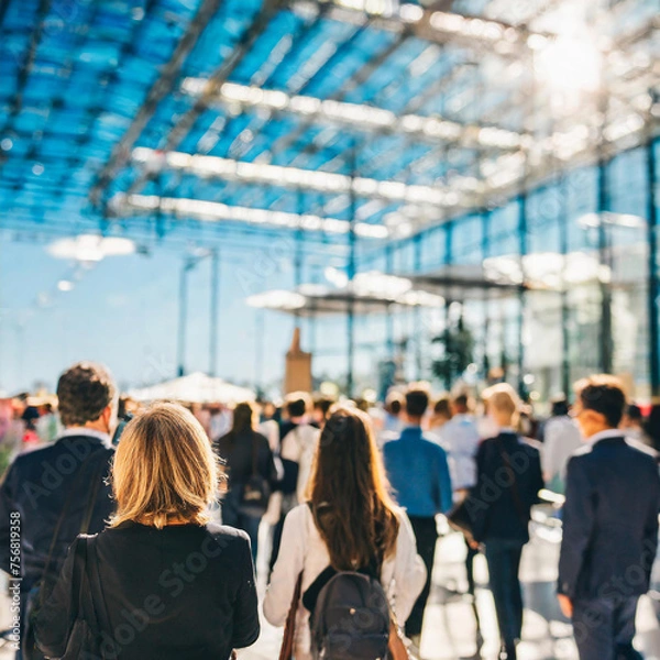 Fototapeta Blurred Individuals in Expo Background. Trade Show Concept with Exhibition, Marketing, and Crowd in Blurred Lighting