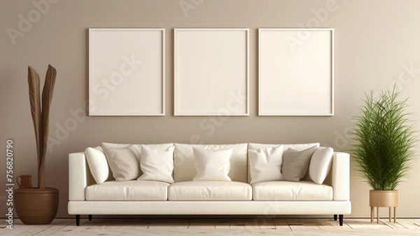 Fototapeta Long white sofa with cushions aside floor plants on laminate flooring set against a fawn smooth wall with 3 blank wall art frames interior room design with copy space
