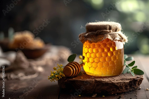Obraz Honey jar with honey dipper, stick and meadow flowers on wooden table with copy space. Beekeeping, natural treatment for cough, strengthening the immune system and preventing colds concept.