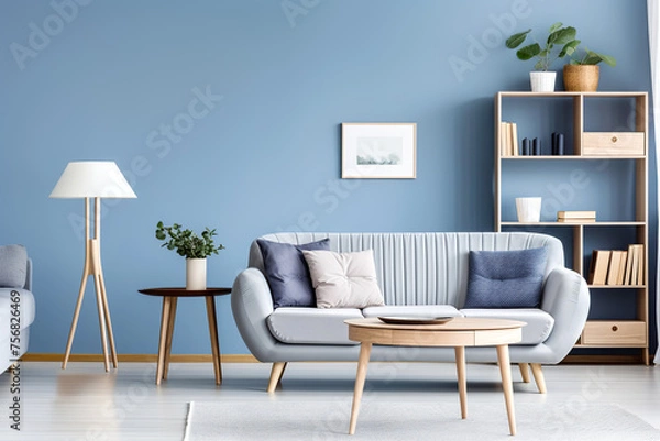 Fototapeta Scandinavian interior design of modern living room, home. Grey sofa and wooden shelf against blue wall with copy space.