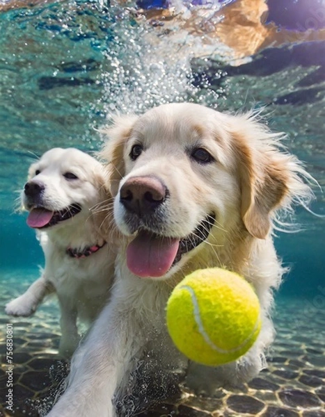 Fototapeta A golden retriever dog and his pup playing underwater with a tennis ball