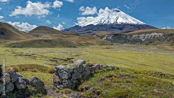 Fototapeta Cotopaxi volcano view from the hill of the Pucara Del Salitre Incan ruins with a clear blue sky and the remains of a stone wall in the foreground