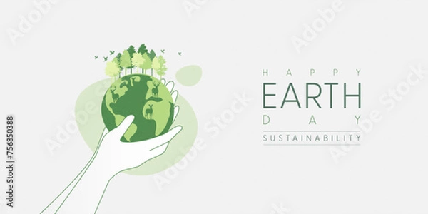 Fototapeta Human hands holding Earth globe. Earth Day, World Environment and Save the Earth concept. Sustainable ecology and environment conservation concept design. Vector illustration.