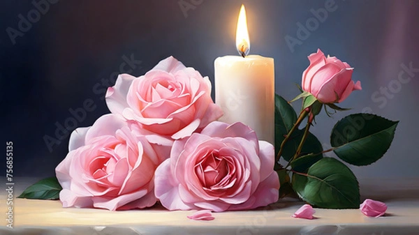 Obraz Beautiful pink roses with candle on wooden table on a gray background