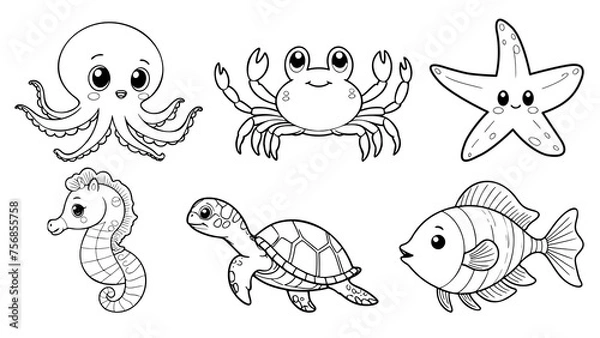 Obraz Drawing simple lines cute set sea animals coloring book pages. cartoons for preschool children