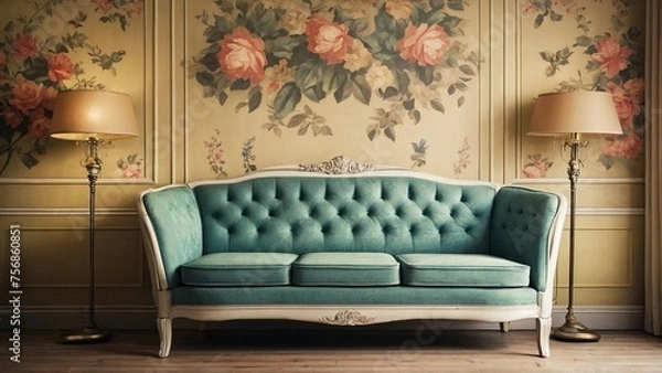 Fototapeta Visualize vintage Americana wallpaper adorning the walls, featuring a patchwork of nostalgic patterns that complement a cozy sofa in a room, creating a timeless and inviting ambiance.
