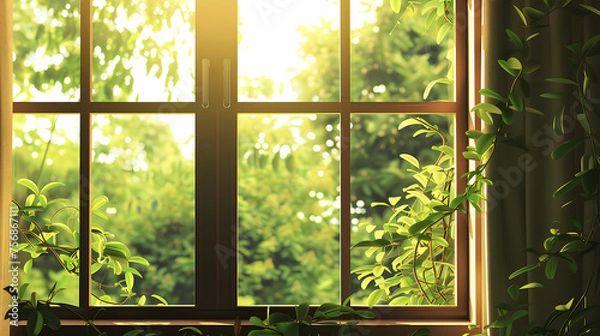 Obraz Interior window, space, cozy background, indoor image, opening of a room in a modern house in the morning, bright white sky, design decoration, glass and nature.