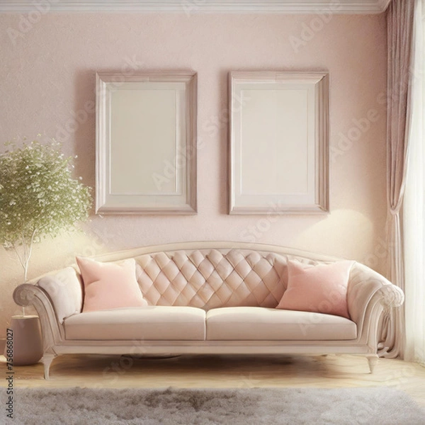 Fototapeta 프레임 목업 ,벽보 액자 ,모던한 스타일, 파스텔톤 집 소파 배경 인테리어
