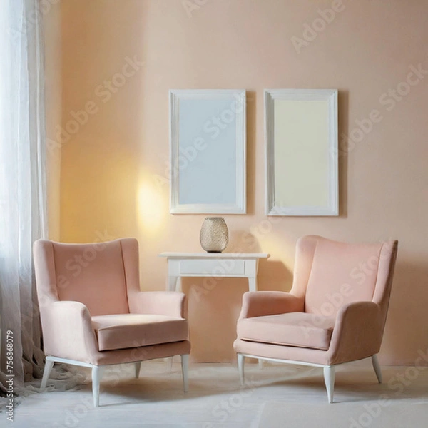 Fototapeta 프레임 목업 ,벽보 액자 ,현대적인 스타일, 파스텔톤 집 배경 인테리어