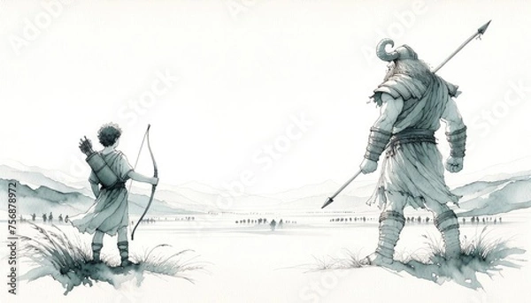 Fototapeta David and Goliath. Digital painting of an ancient warrior with a giant standing in front of him. Digital illustration.