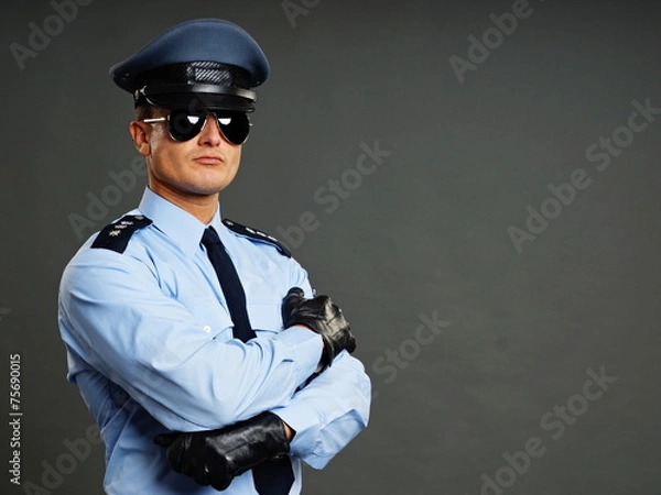 Fototapeta Portrait of policeman in sunglasses gray background