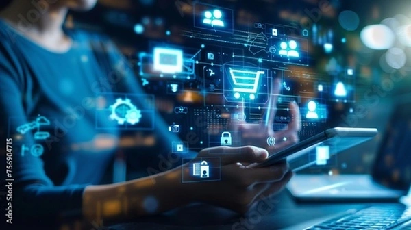 Fototapeta Business technology concapet. Cyber security, Data protection, information safety and encryption in online shopping transactions. Internet and technology concept.