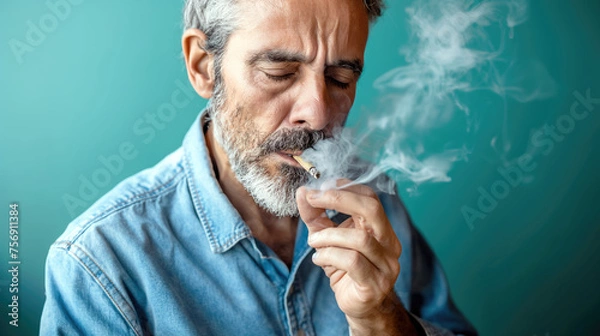 Obraz Cannabis for Seniors, Joint Relief, Older Man Smokes Medical Marijuana for Pain Management, Generative AI