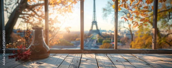 Fototapeta Beautiful scenery: empty white wooden table with Eiffel Tower view, blurred bokeh out of an open window, product display, defocus bokeh, blurred background with sunlight. product display template