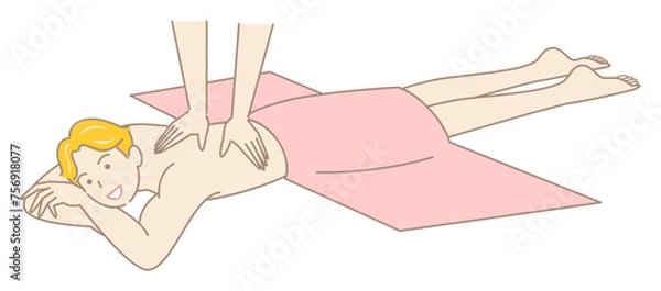 Fototapeta うつ伏せに寝てマッサージを受けている裸の可愛い男性 シンプル イラスト ベクター
