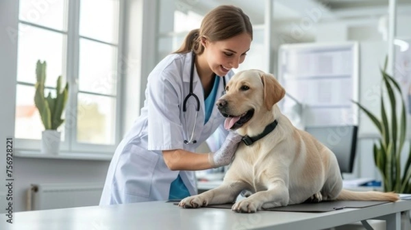 Fototapeta A focused woman, an expert in her field, is captured in the act of examining a golden retriever.