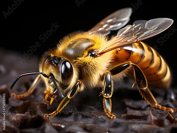 Fototapeta Close-up of a Honey Bee Crawling on Wood