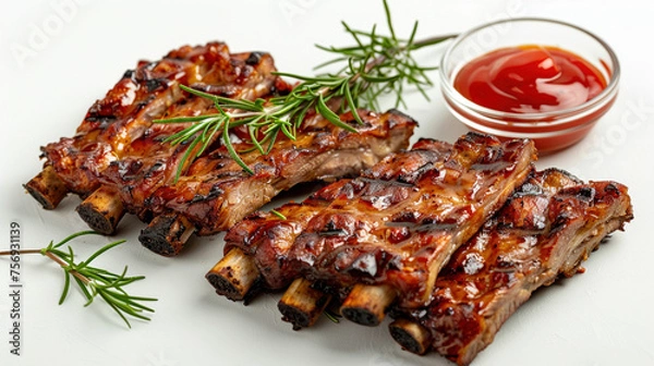 Obraz Appetizing grilled pork ribs with ketchup garnish on a white background.