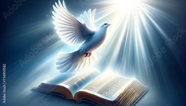 Fototapeta A white dove ascending towards a bright beam of light emanating from an open Bible, symbolizing the Holy Spirit and the truth found in scripture.