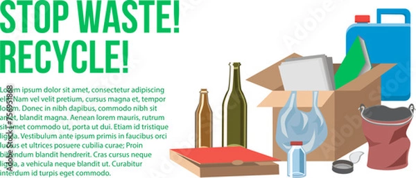 Obraz Waste management vector illustration. Stop waste recycle garbage sorting banner with copy space