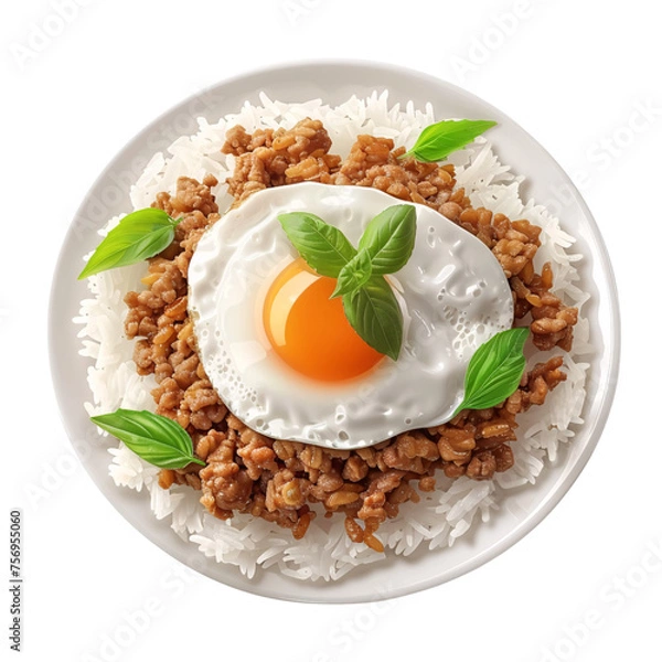 Fototapeta Stir fried Thai basil with minced pork and a fried_hyperrealistic_hyper detailed_isolated on transparent background_Generative Ai
