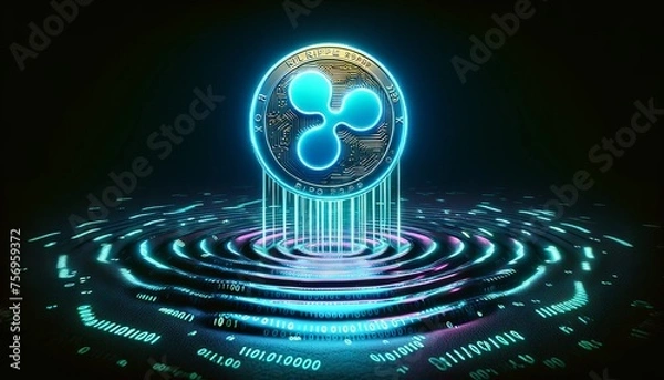 Fototapeta A neon-lit Ripple (XRP) coin levitating over a digital water surface with binary code reflections rippling away.