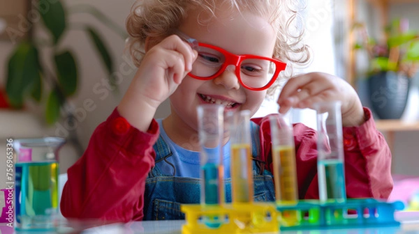 Fototapeta Children study chemistry in the school laboratory. Experiments in the laboratory or chemistry room.