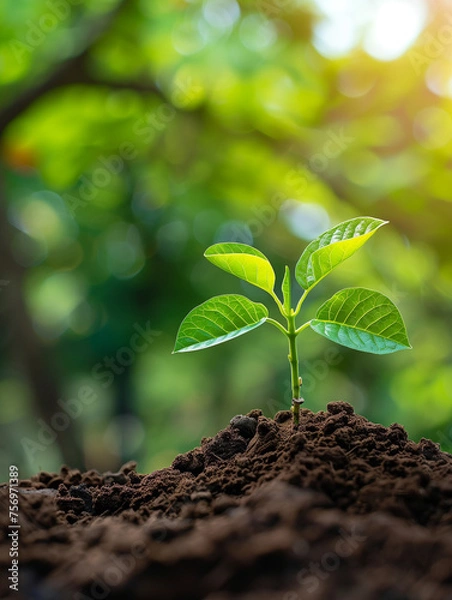Fototapeta Eine kleine Pflanze wachst aus dem Boden und steht für Erfolg