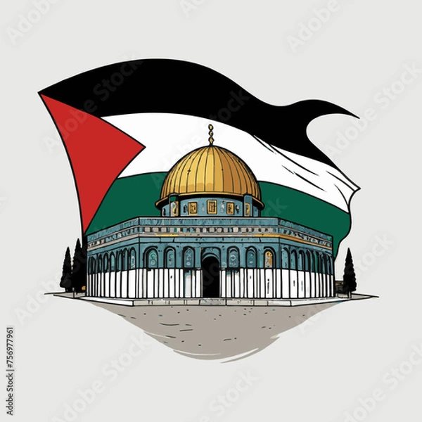 Obraz Masjid Al-Aqsa Mosque Palestine Israel Jerusalem flat vector dome of the rock mosque in Islamic design Masjid Aqsa on White Background