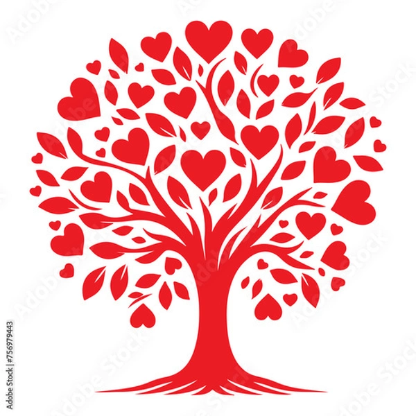 Fototapeta red love tree with heart leaves. hand draw Valentine day tree silhouette clip art isolated on white background, vector illustration