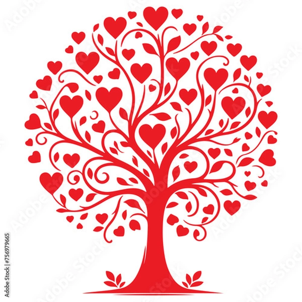 Fototapeta red love tree with heart leaves. hand draw Valentine day tree silhouette clip art isolated on white background, vector illustration