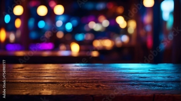 Fototapeta Wooden table, blurred bokeh background background.