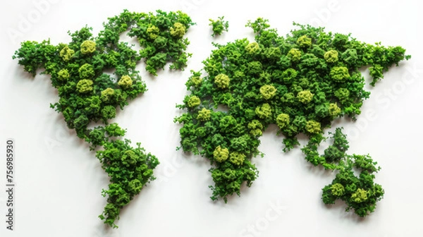 Fototapeta An eco-friendly representation of the world map, creatively crafted from vibrant green plants, conveying a message of global sustainability.