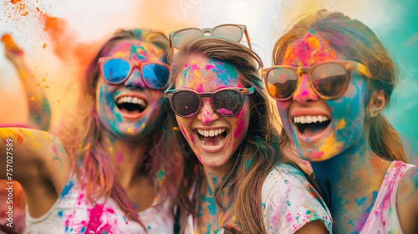 Fototapeta Three young women playing and enjoying with holi colors