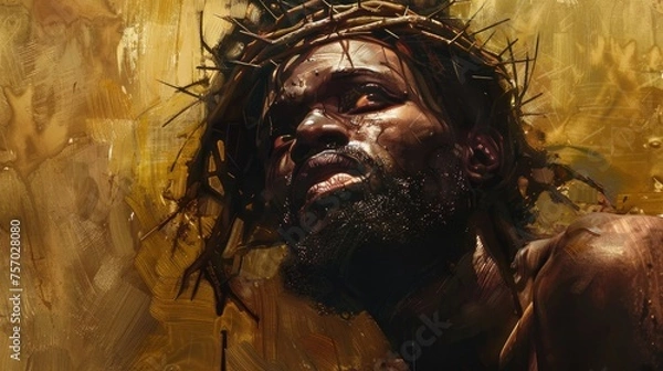 Obraz Black African Jesus Christ, Savior of mankind, empty space for text 