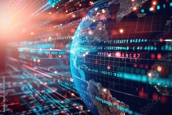 Obraz Digital world globe, concept of global network and connectivity on Earth, high speed data transfer and cyber technology, information exchange and international telecommunication Digital world globe