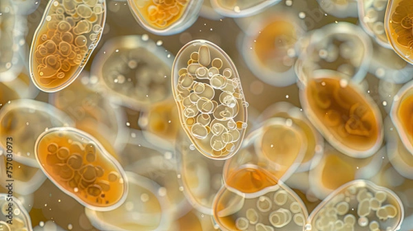 Fototapeta A microscopic vision of Saccharomyces cerevisiae during budding, revealing the beauty of yeast reproduction with precise cellular details.