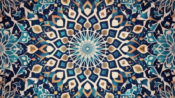 Fototapeta Intricate blue and beige mandala pattern design.