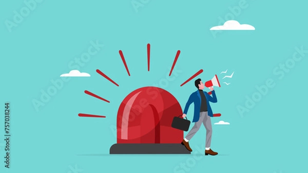 Fototapeta state of emergency declaration, provide emergency information to others as a precaution, warning about danger concept, businessman with megaphone giving instructions about current state of emergency