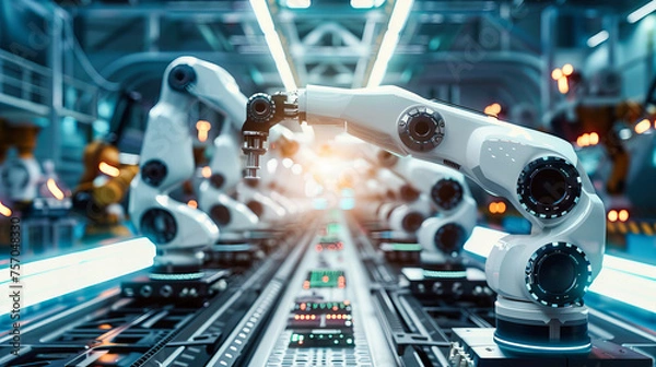 Obraz Modern Factory Automation with Robotic Arms, Industrial Manufacturing Process, Engineering and High-Tech Machinery