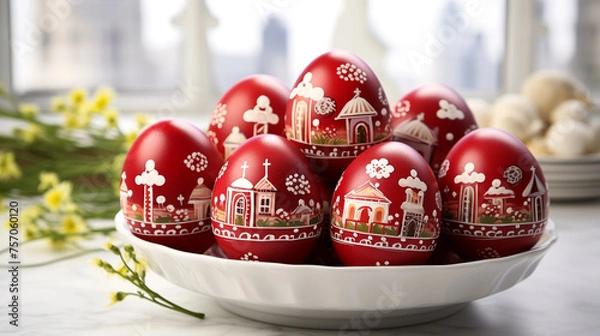 Fototapeta Photo of Greek Orthodox Easter celebration, traditional red eggs decorated with white patterns.