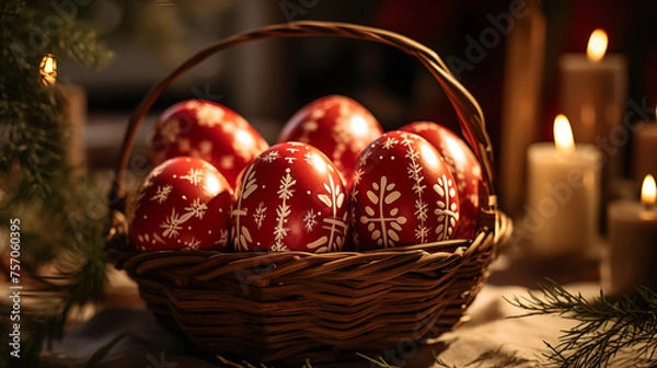 Fototapeta Photo of Greek Orthodox Easter celebration, traditional red eggs decorated with white patterns.