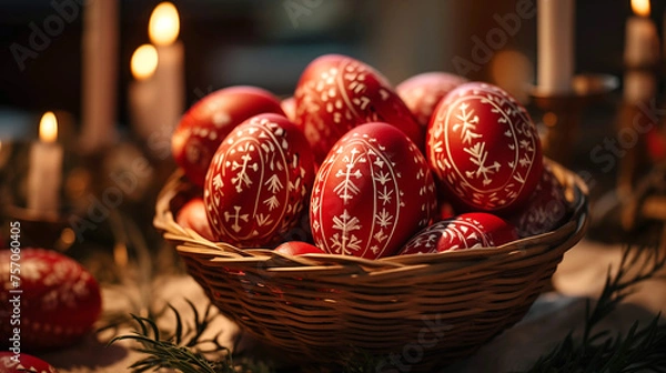 Fototapeta Photo of Greek Orthodox Easter celebration, traditional red eggs decorated with white patterns.