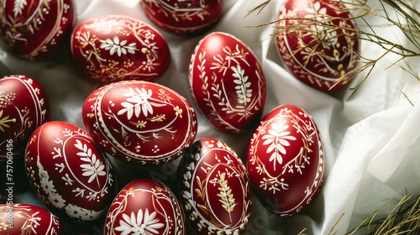 Fototapeta Photo of Greek Orthodox Easter celebration, traditional red eggs decorated with white patterns.