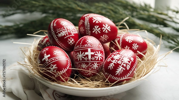 Fototapeta Photo of Greek Orthodox Easter celebration, traditional red eggs decorated with white patterns.