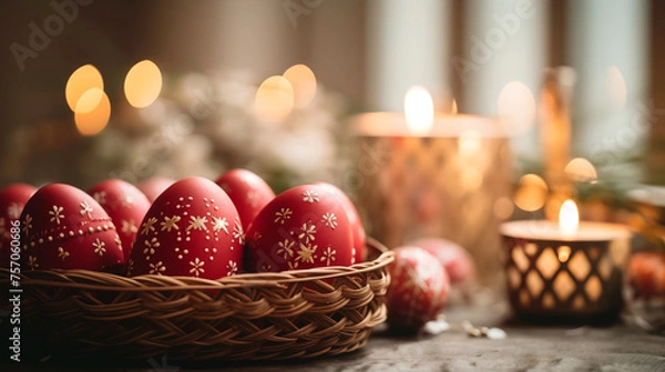 Fototapeta Photo of Greek Orthodox Easter celebration, traditional red eggs decorated with white patterns.
