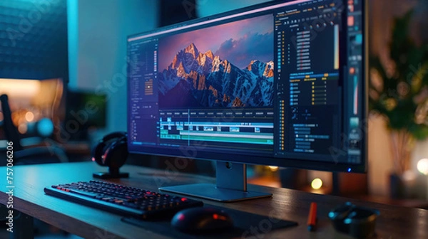 Obraz A close-up of a video editing software interface on a computer screen with mountain footage