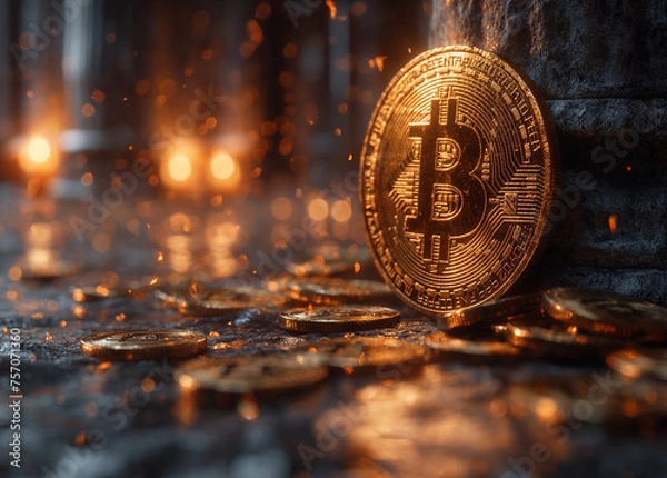 Fototapeta A process of Bitcoin halving. Cryptocurrency concept image